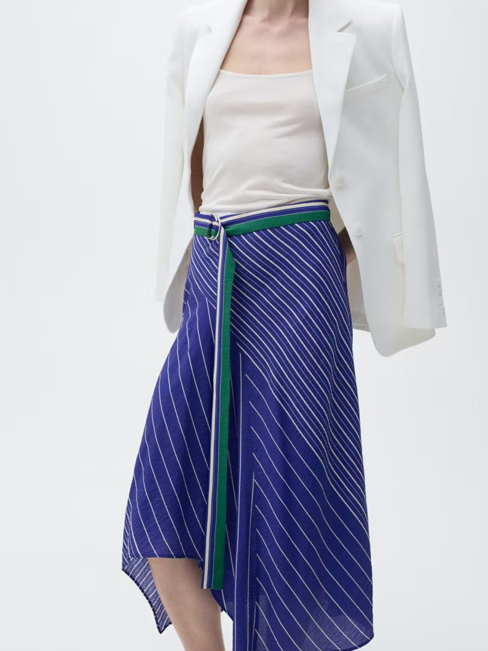Mango Blue Striped Asymmetrical Midi Skirt with Green Trim